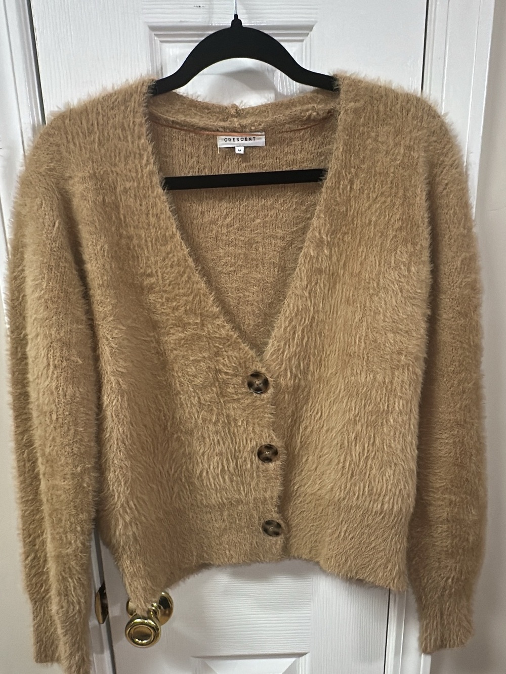 Crescent Fuzzy Tan V-Neck Button Cardigan (mix38-1)